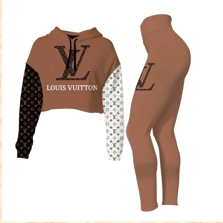Louis vuitton brown croptop hoodie leggings for women luxury brand lv clothing clothes outfit version 2