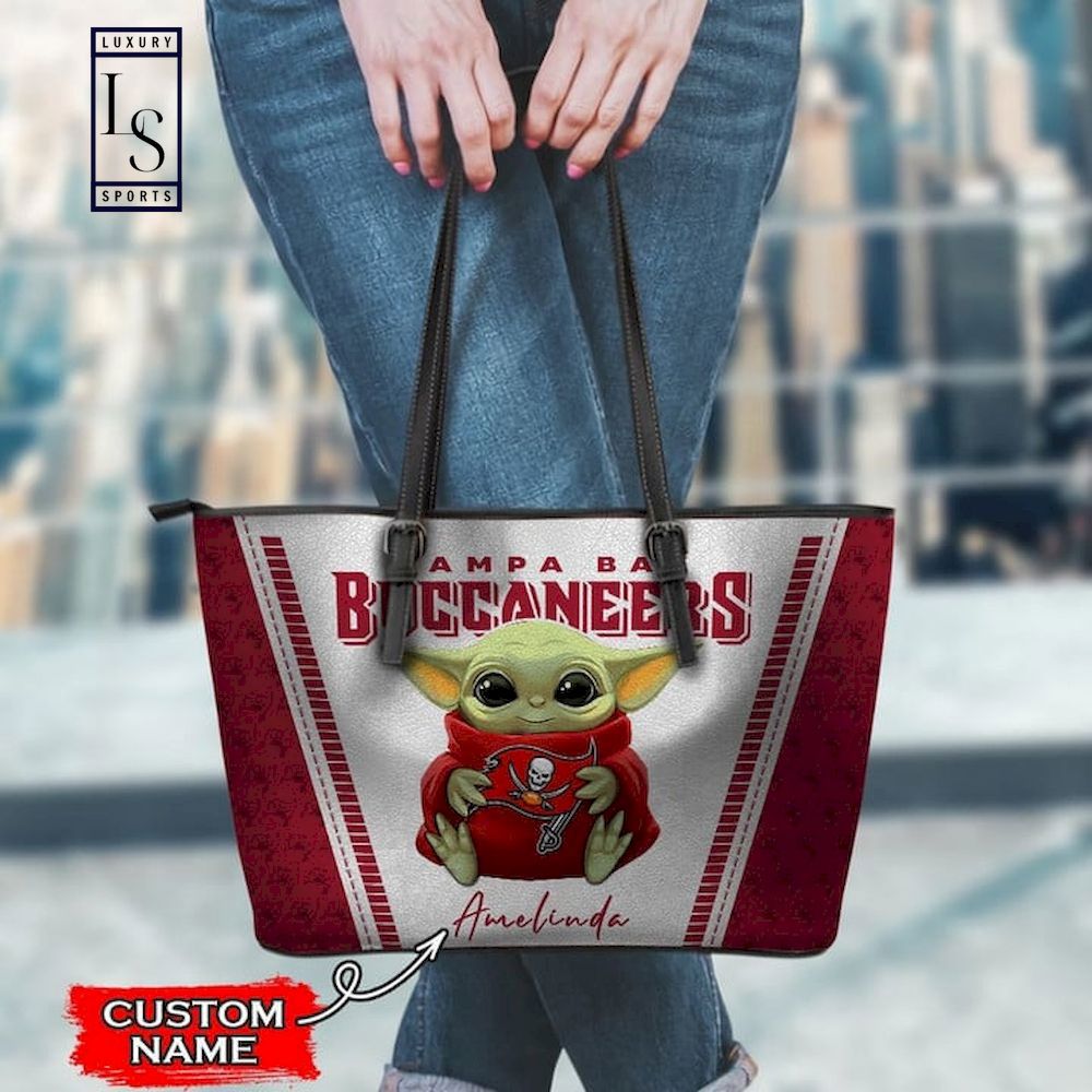 Tampa bay buccaneers with baby yoda custom name leather tote bag