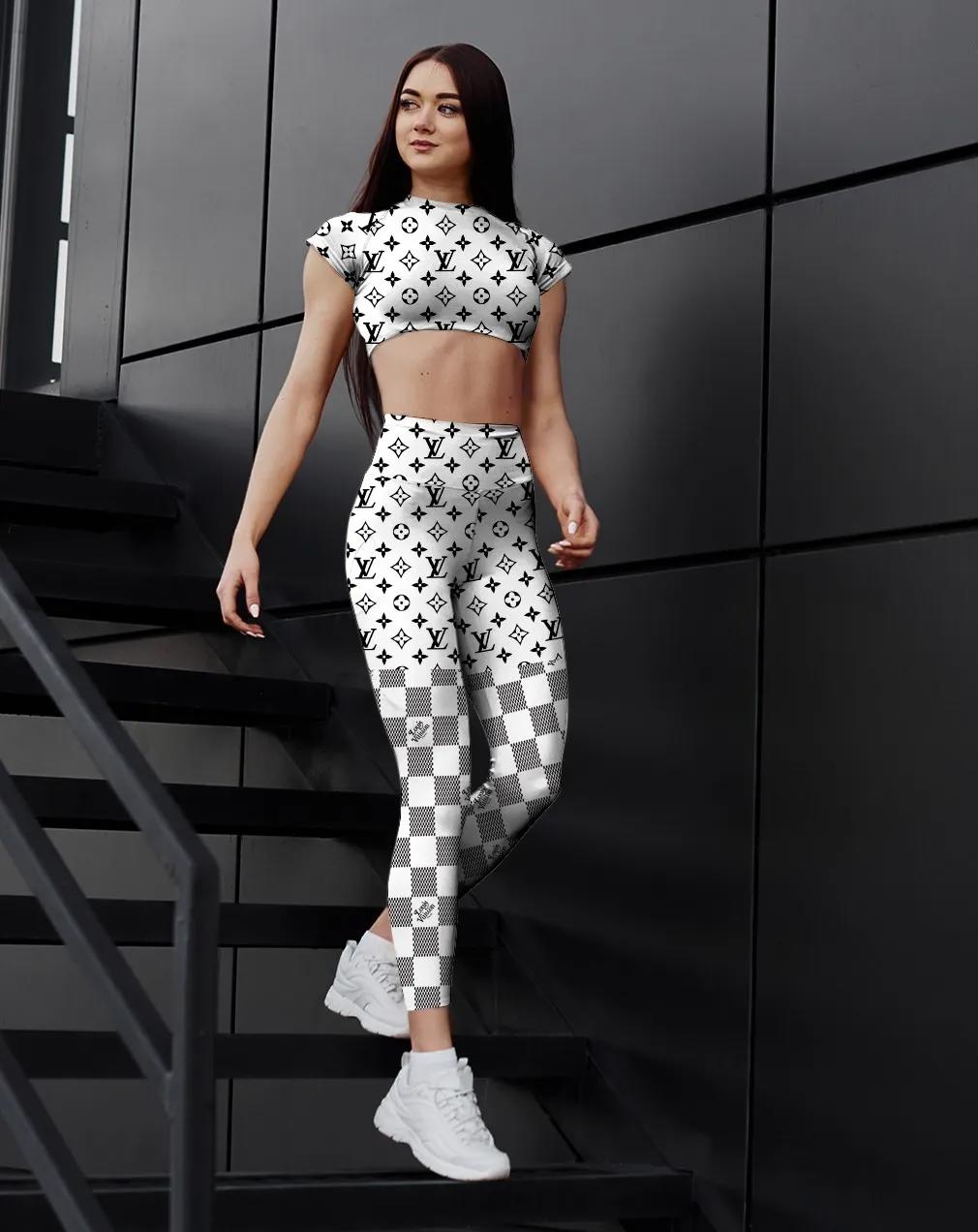 
            white checkerboard louis vuitton sportwear combo luxury brand crop top and legging for women
          