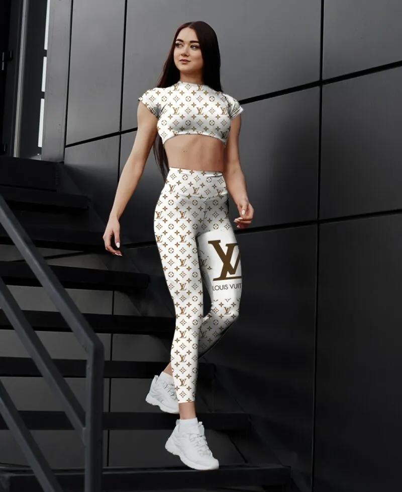 
            white louis vuitton sportwear combo luxury crop top and legging for women
          