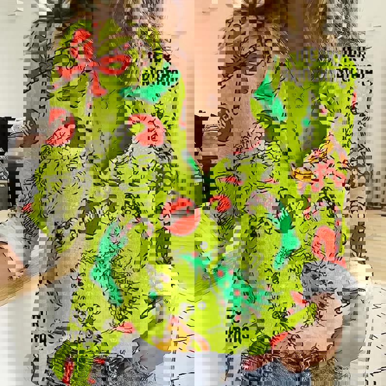 Grinch Christmas Women Casual Shirt Casual Long Sleeve Button Down Shirt