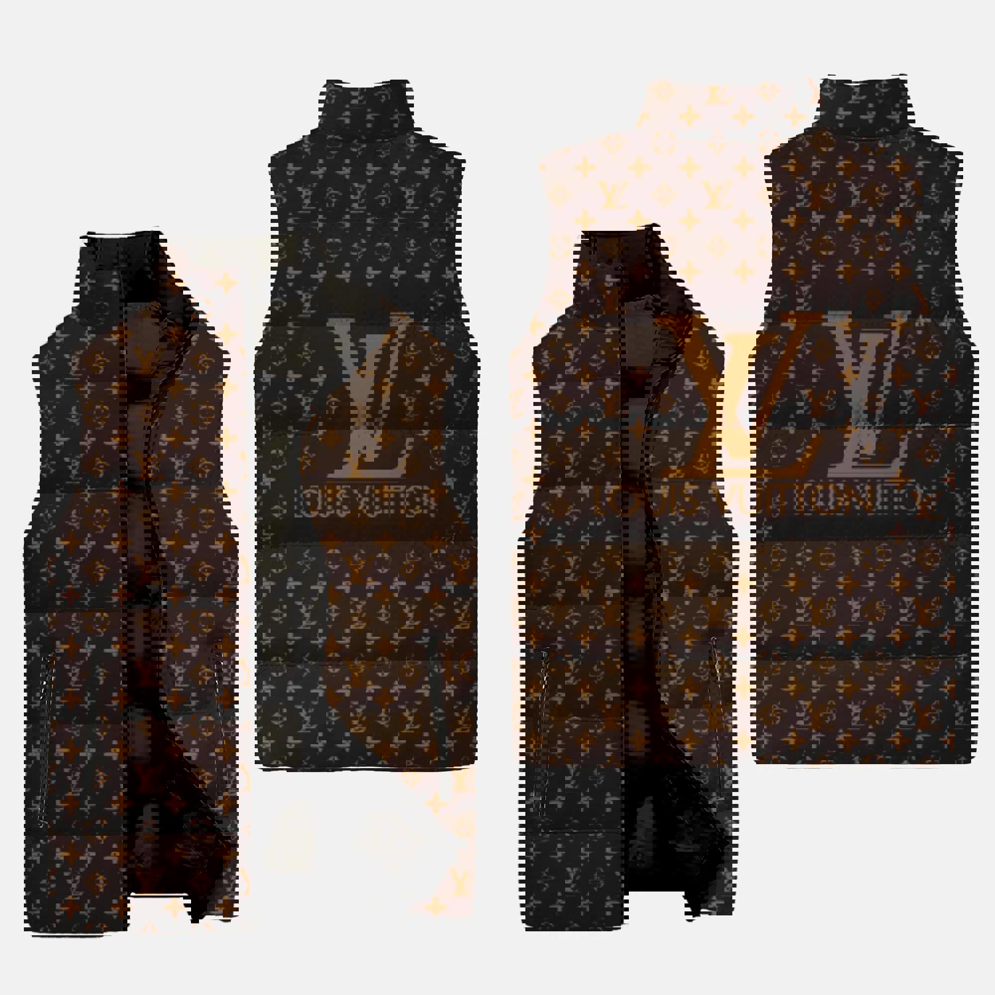 Louis Vuitton Logo Brown Luxury Brand 3D Sleeveless Down Jacket