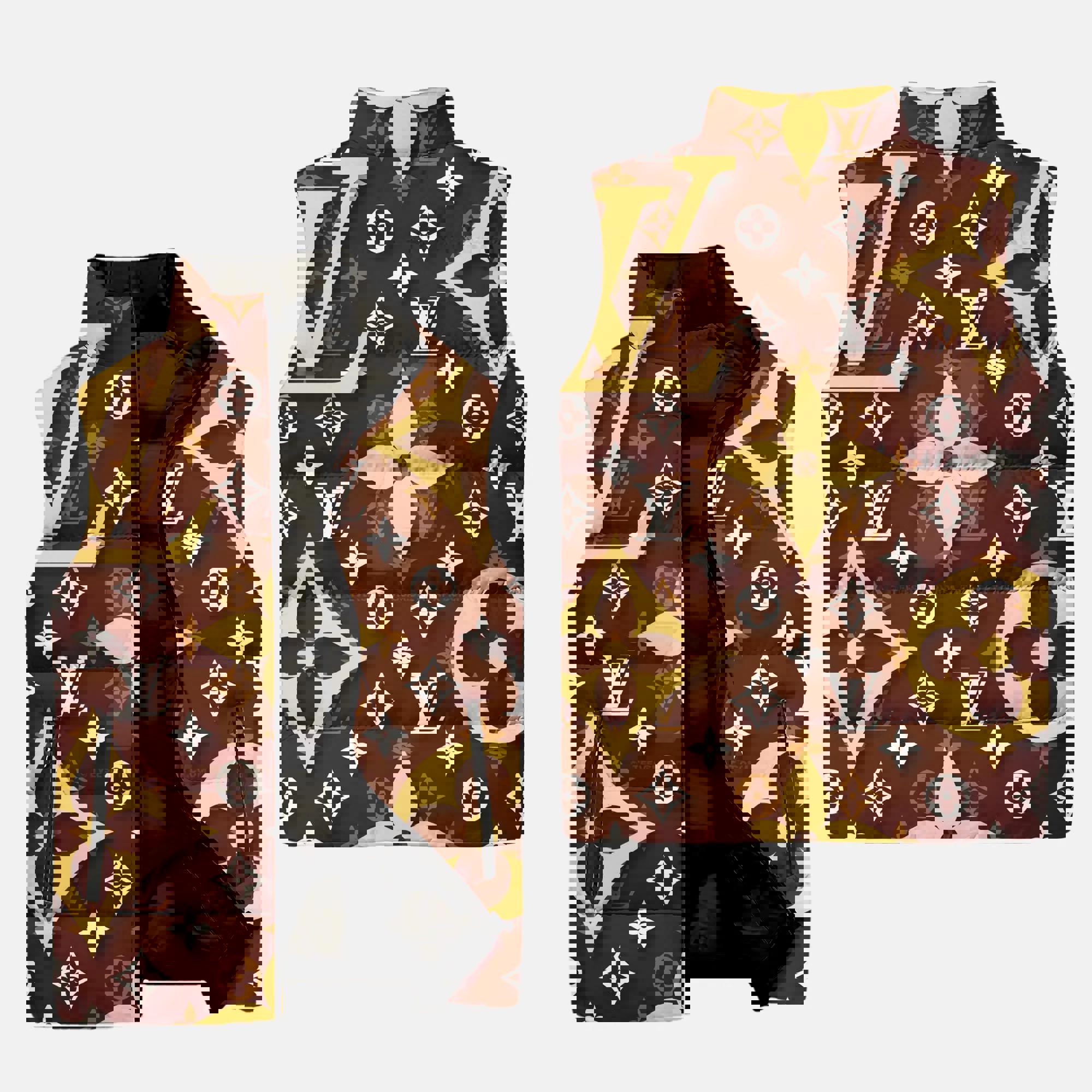 Louis Vuitton Logo Brown Type 2 Luxury Brand 3D Sleeveless Down Jacket