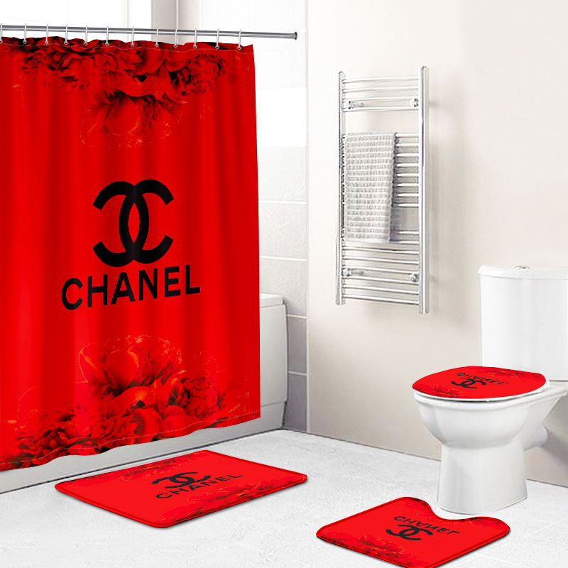 Chanel shower curtain red black logo stripe luxury bathroom set