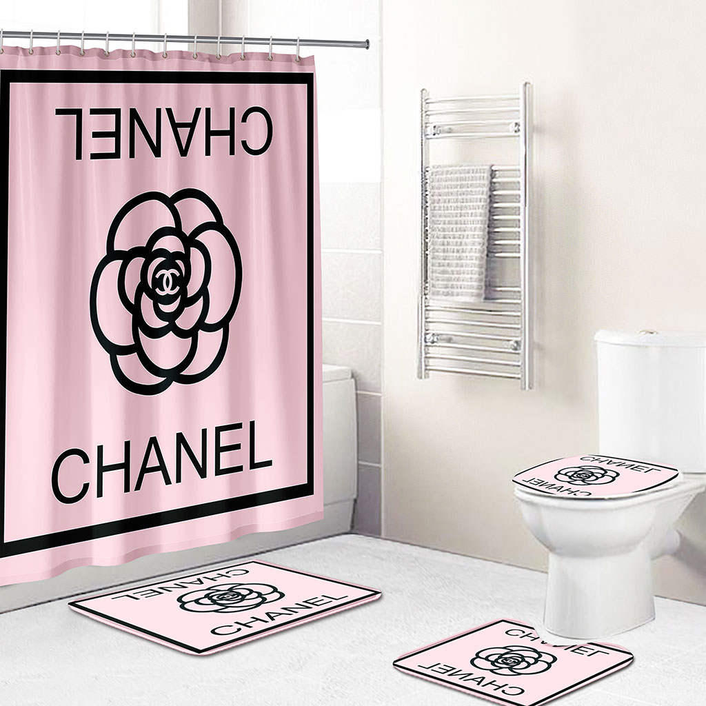 Chanel shower curtain rose and flower logo black luxury bathroom set