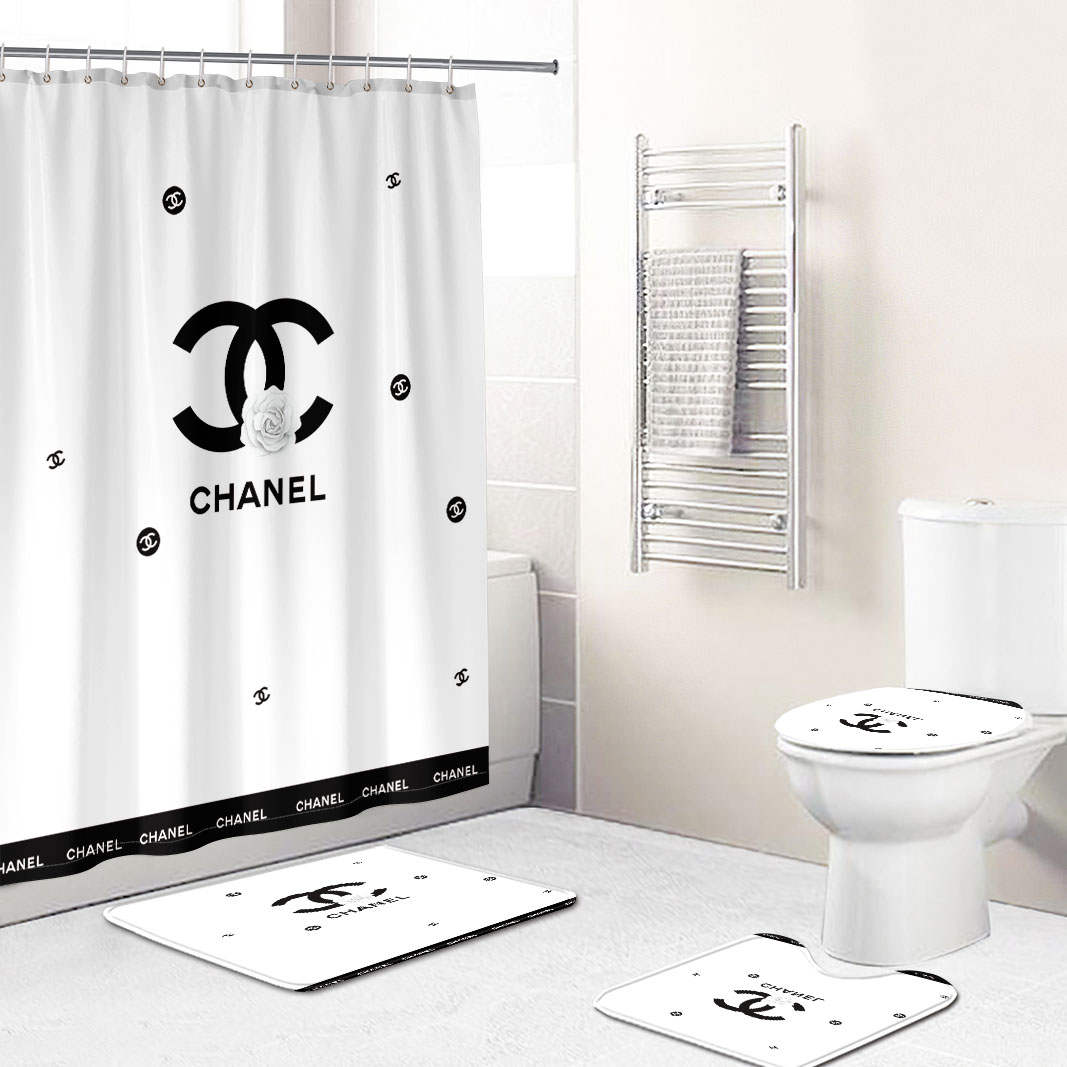 Chanel shower curtain white and black flowers luxury bathroom set
