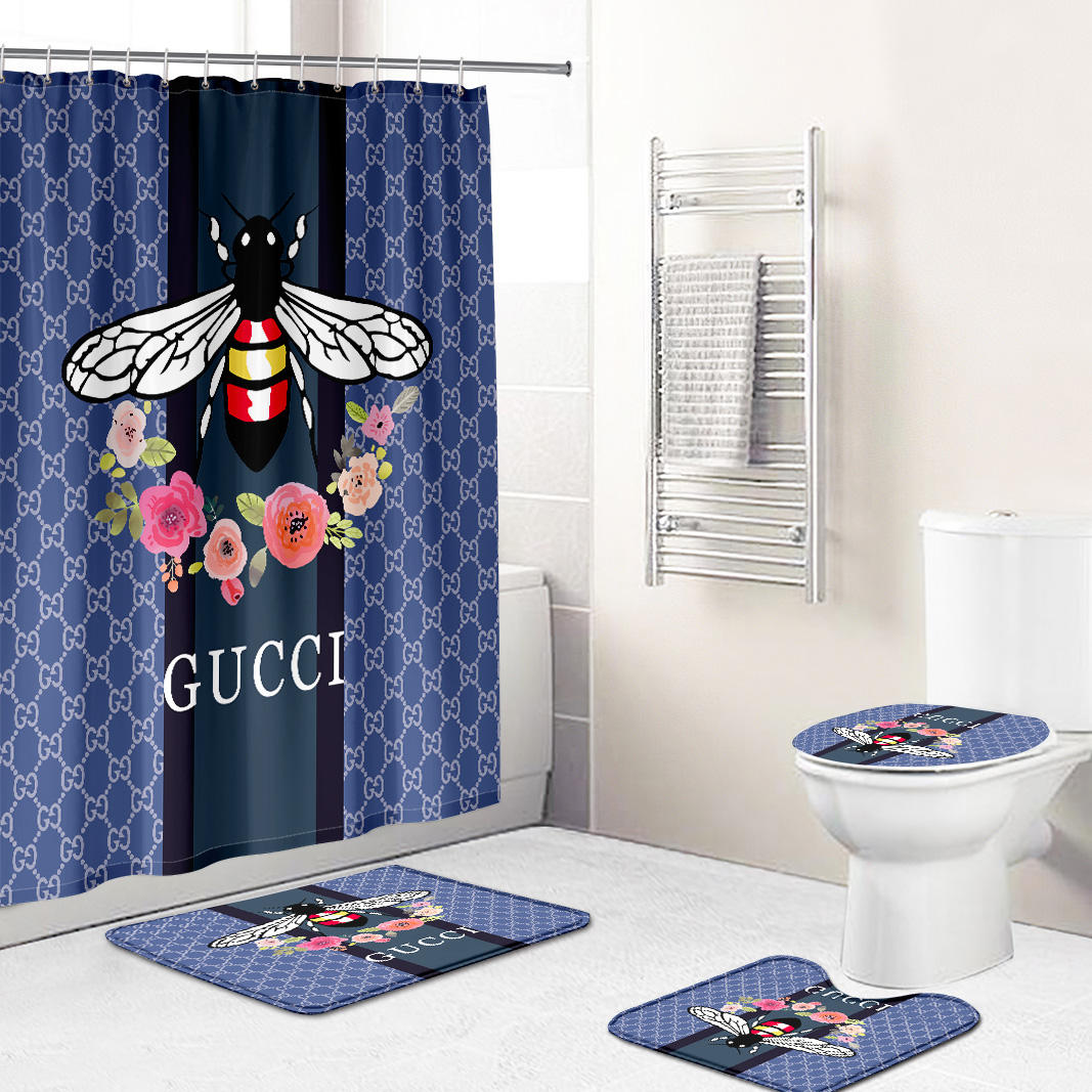 Gucci bathroom set flower butterfly blue shower curtain