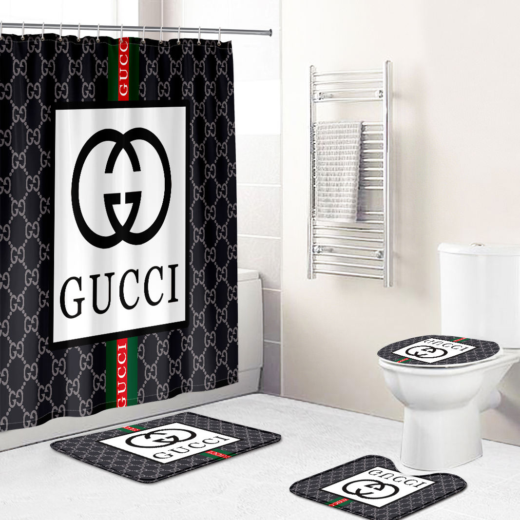 Gucci bathroom set gray and black white logo full shower curtain