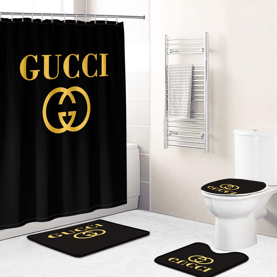 Gucci luxury bathroom set black and gold logo shower curtain