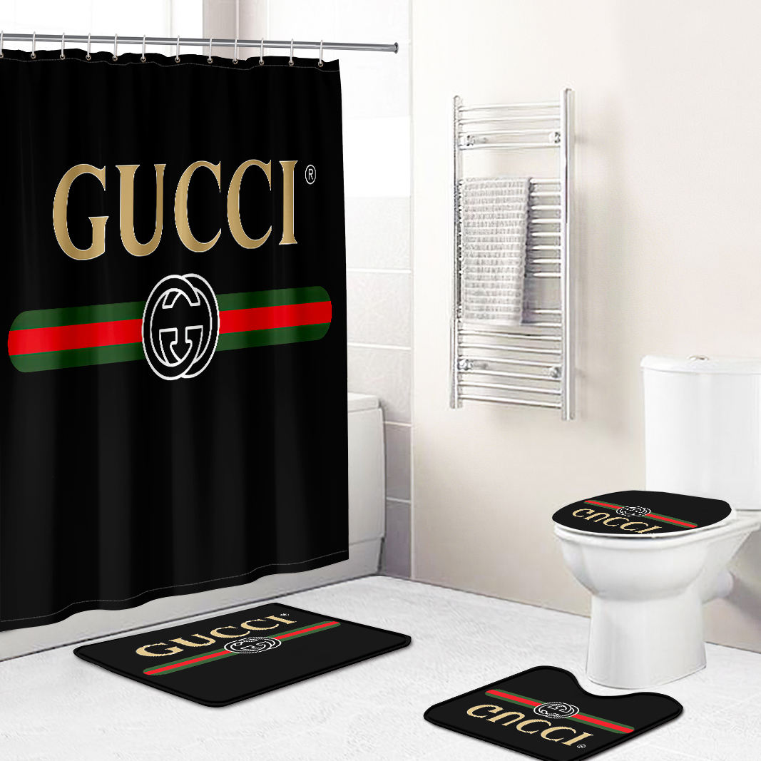 Gucci luxury bathroom set black red and gold logo  shower curtain