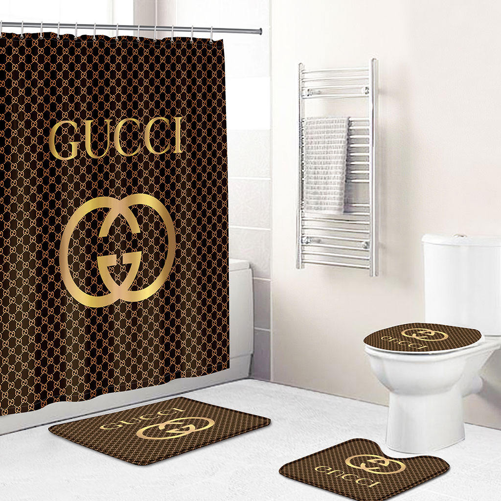 Gucci luxury bathroom set brown and gold shower curtain