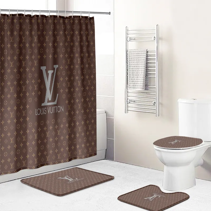 Shower curtains louis vitton brown logo beige full bathroom sets