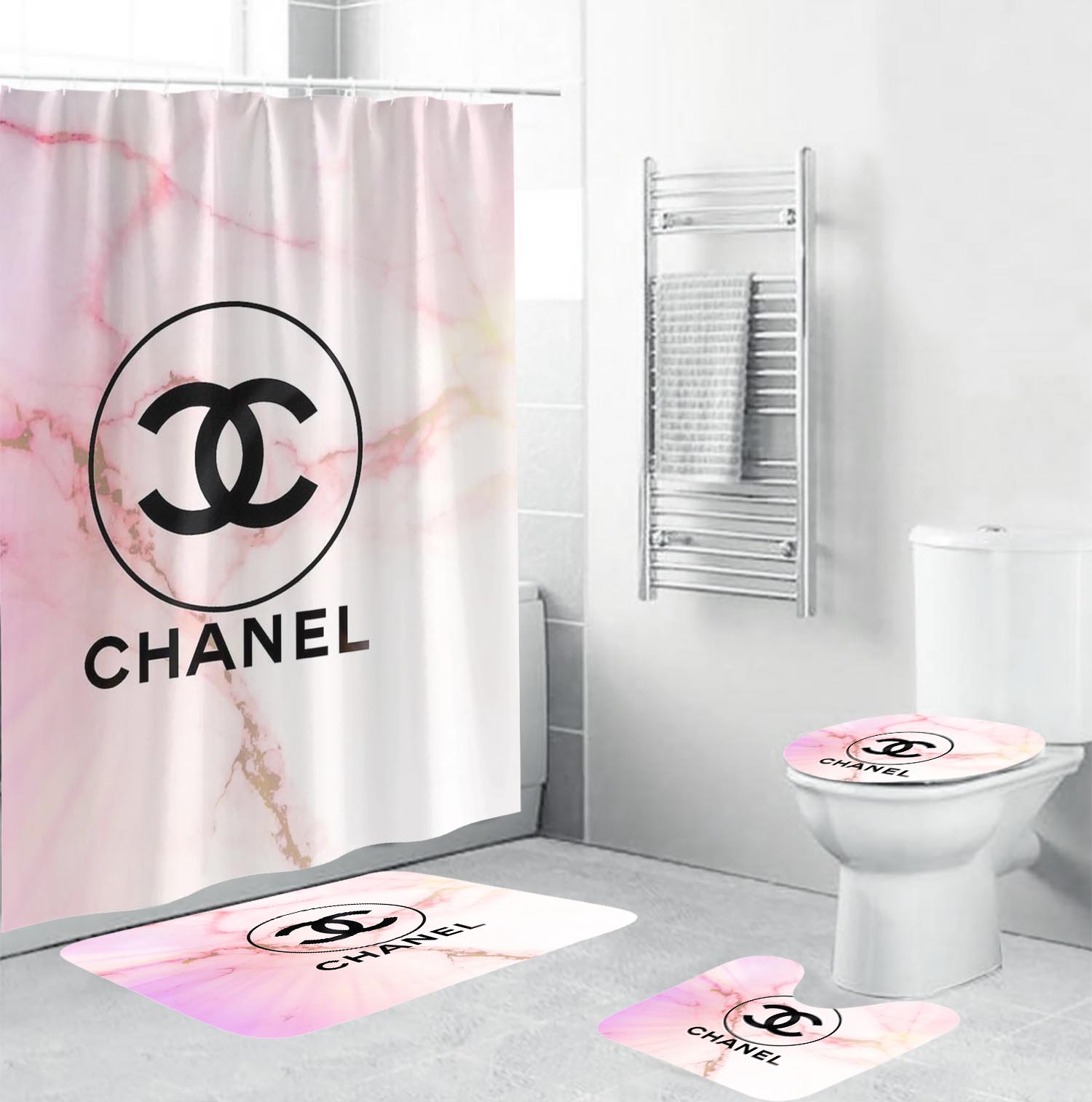 Chanel black logo in pink pastel marble background bathroom accessories set