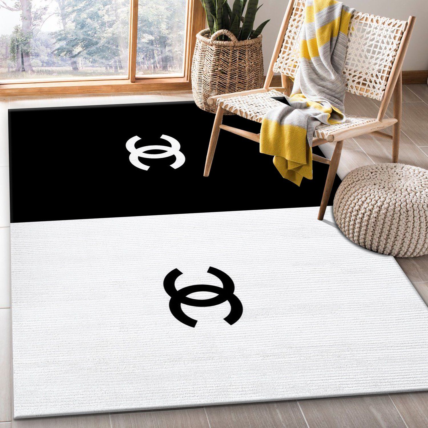 Chanel logo black white background area rug carpet