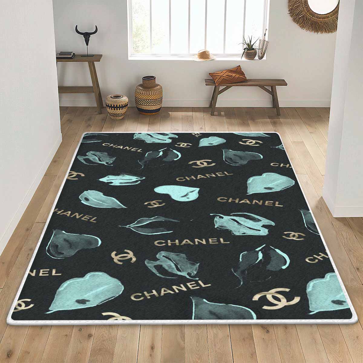 Chanel logo lips hearts area rug