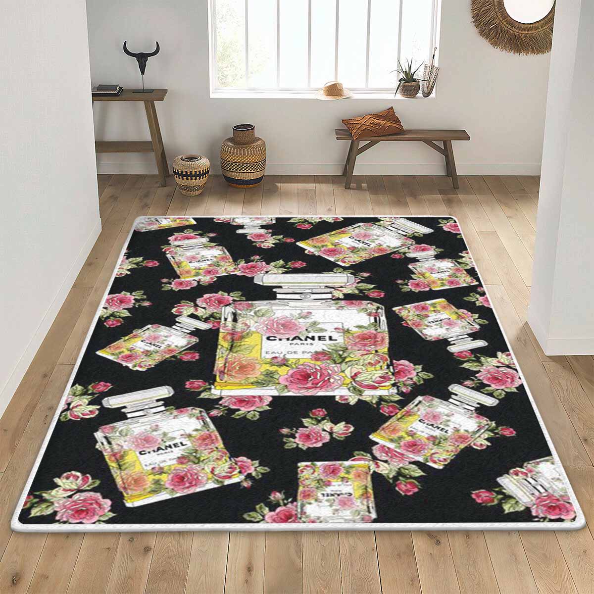 Chanel perfume paris flower area rug
