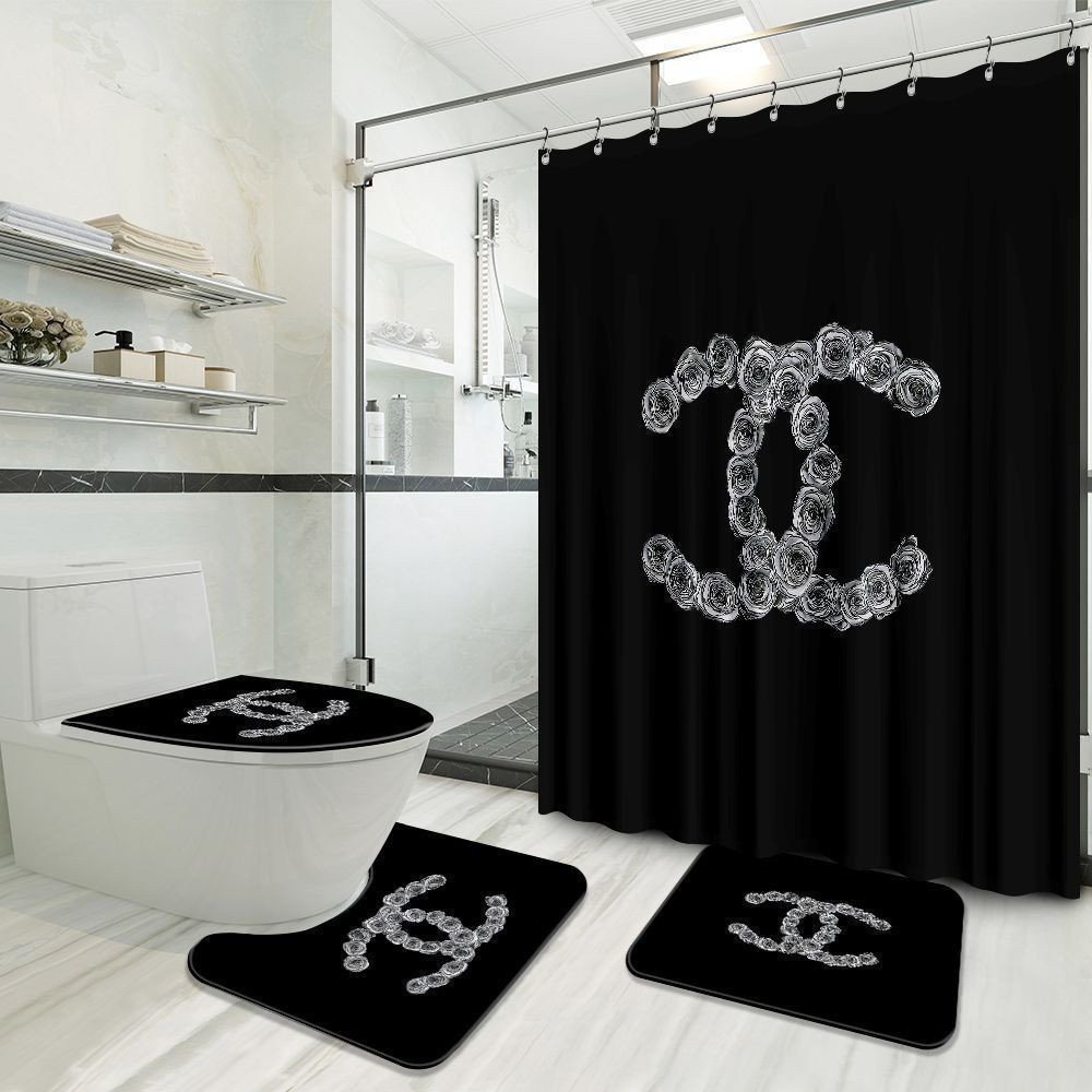 Chanel white roses logo in black background bathroom accessories set