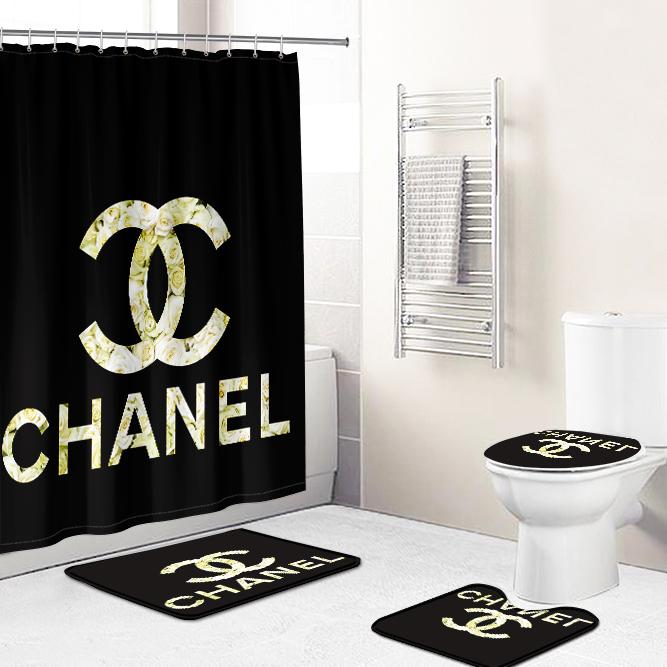 Chanel yellow floral logo in black background bathroom accessories set