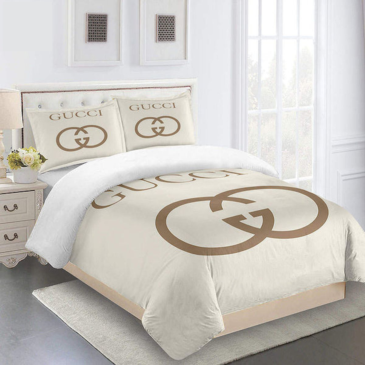 Gucci beige luxury brand high-end bedding set home decor ht #1