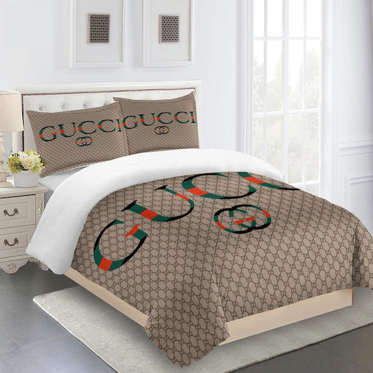 Gucci brown luxury brand high-end bedding set home decor ht #1