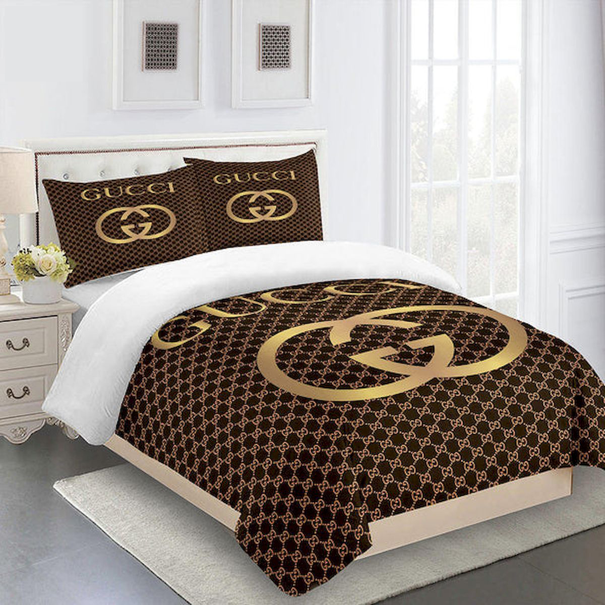 Gucci brown luxury brand high-end bedding set home decor ht #2