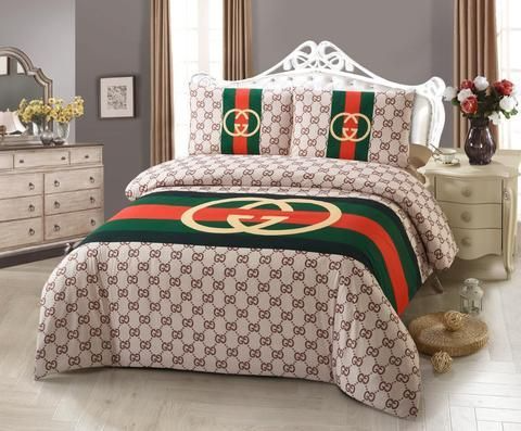 Gucci brown stripe luxury brand high-end bedding set home decor ht #2