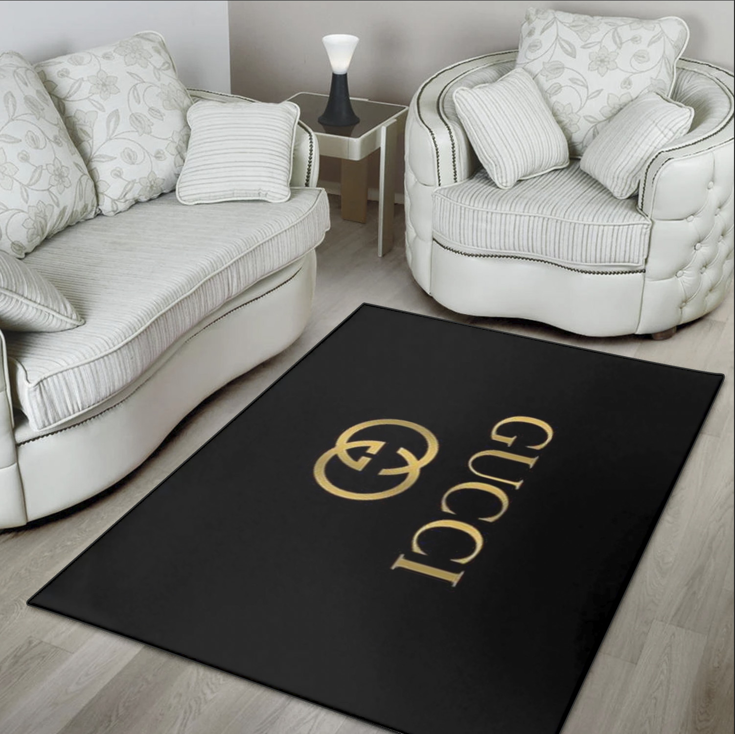 Gucci golden logo in black background area rug