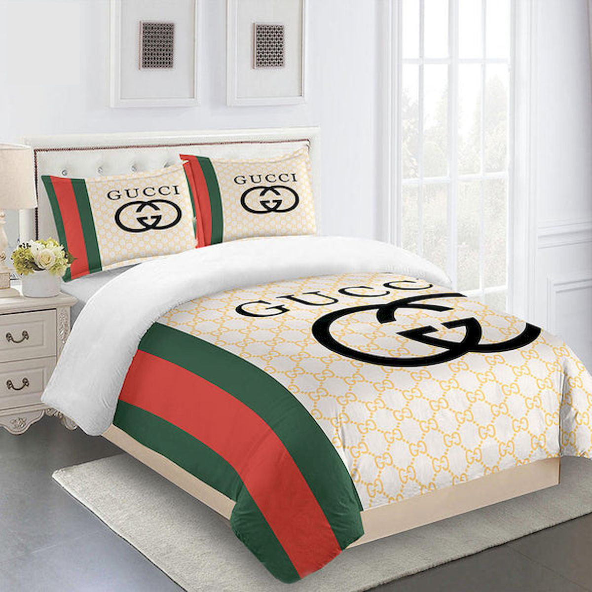 Gucci stripe luxury brand high-end bedding set home decor ht #2