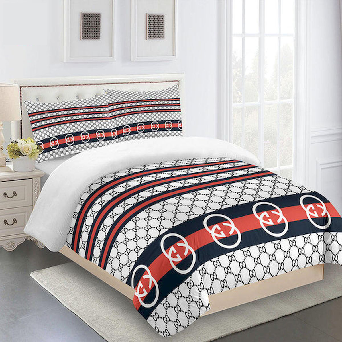 Gucci white luxury brand high-end bedding set home decor ht #1