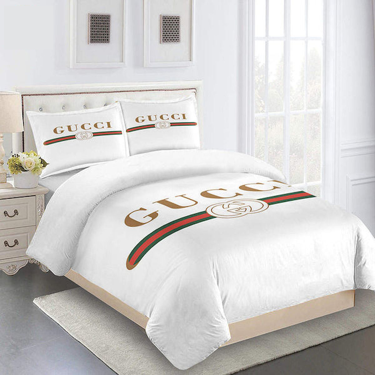 Gucci white luxury brand high-end bedding set home decor ht #2