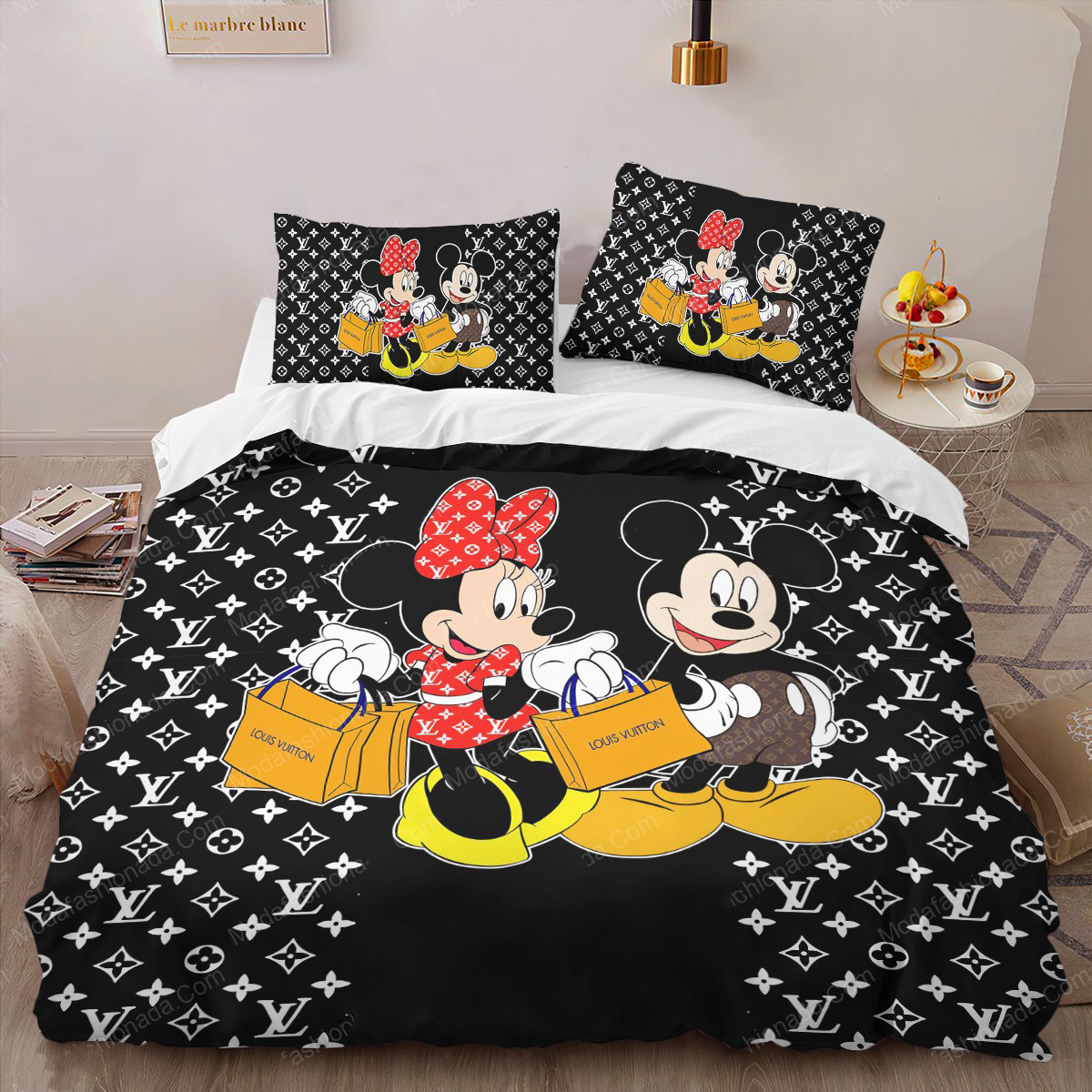 Louis vuitton mickey mouse luxury brand bed comforter bedspread duvet cover set hn