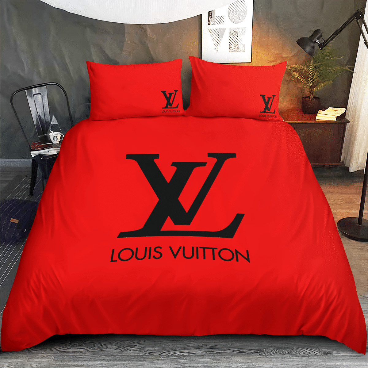 Louis vuitton red luxury brand high-end bedding set lv home decor ht