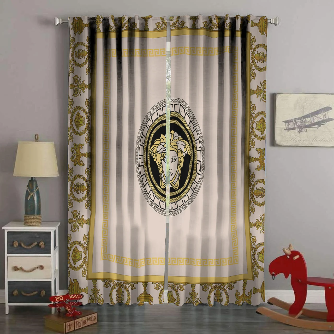 Versace Gold Logo Square Border Window Curtain Luxury Bedroom Living Room