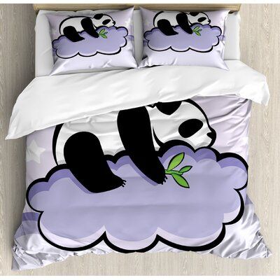 Cute Panda Bedding Set – Sleeping Bear on Purple Cloud Comforter for Kids & Teens