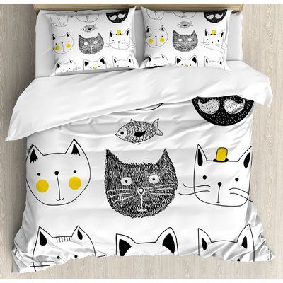 Cartoon Cat Bedding Set – Cute Black and White Kitty Comforter for Kids and Cat Lovers