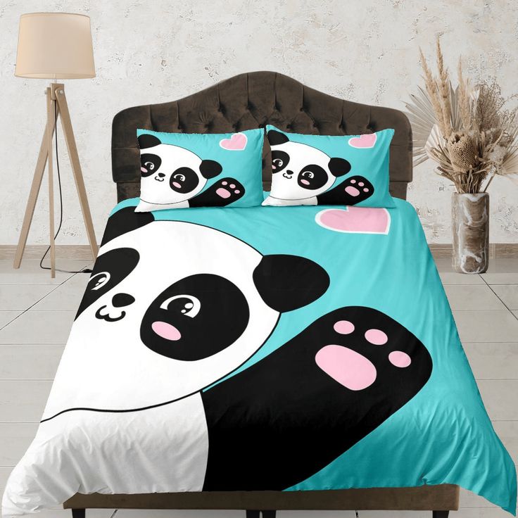 Cute Panda Bedding Set – Adorable Blue Comforter with Cartoon Bear and Heart Prints