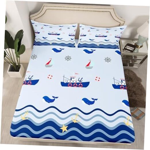 Nautical Bedding Set – Cute Ocean Boat and Whale Theme Comforter for Kids Bedroom