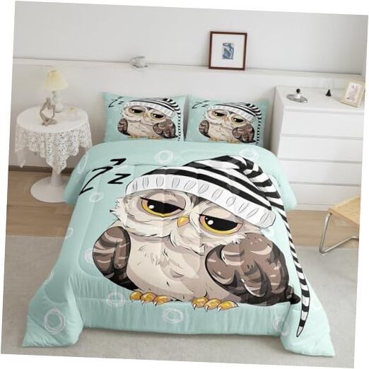 Sleepy Owl Bedding Set – Cute Cartoon Comforter with Pajama Hat Design for Kids