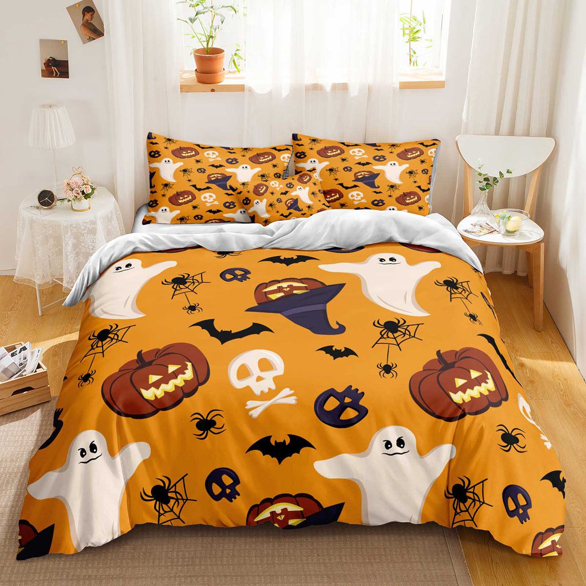 Orange Halloween Comforter Set – Ghosts, Bats & Pumpkins