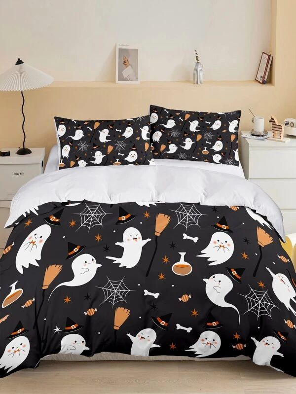 Cute Ghost & Witch Halloween Bedding Set – Black & Orange Design