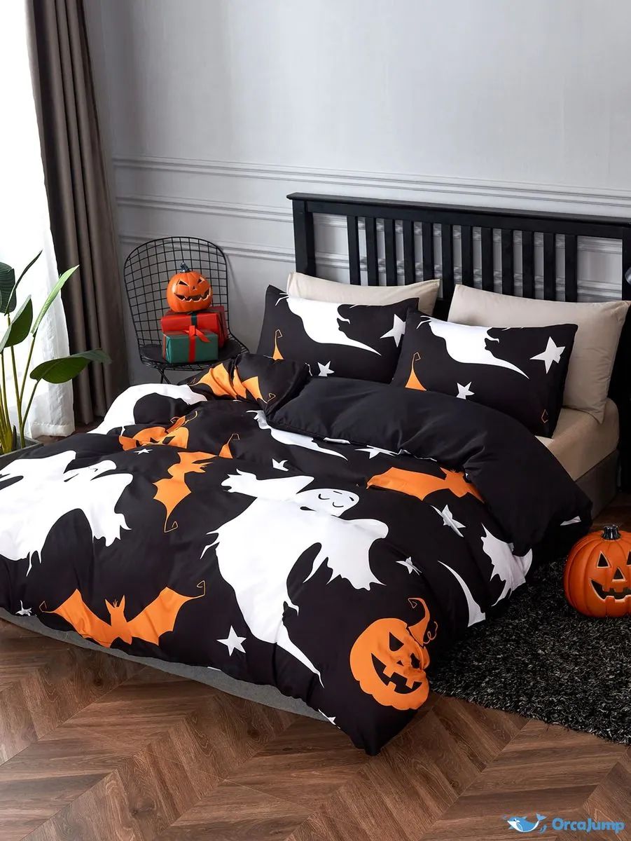 Halloween Bedding Set with Ghosts, Bats & Pumpkin Design – Black and Orange Duvet Cover with Pillowcases