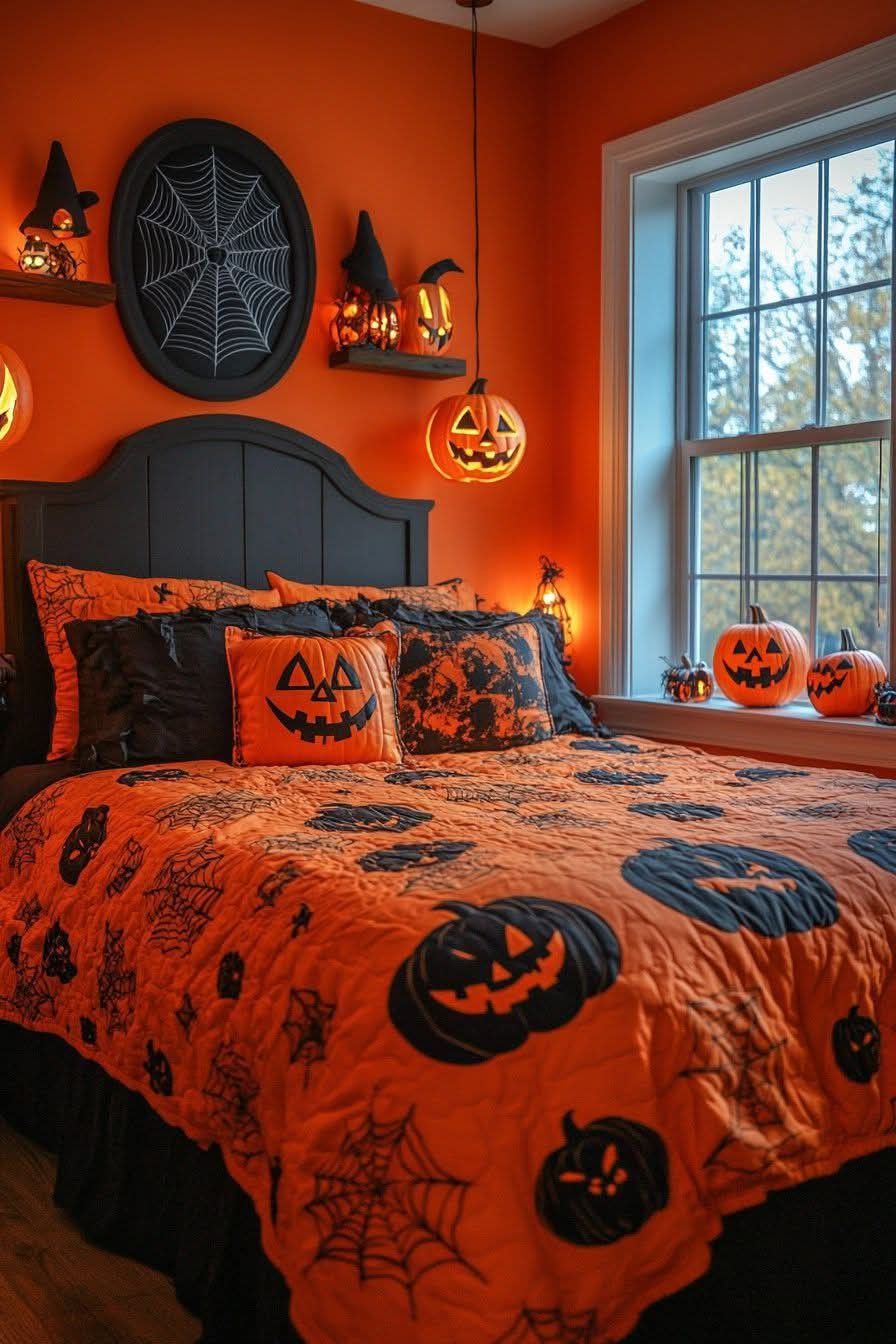 Halloween Pumpkin Bedding Set – Orange and Black Quilt Cover with Spooky Jack-O’-Lantern Design