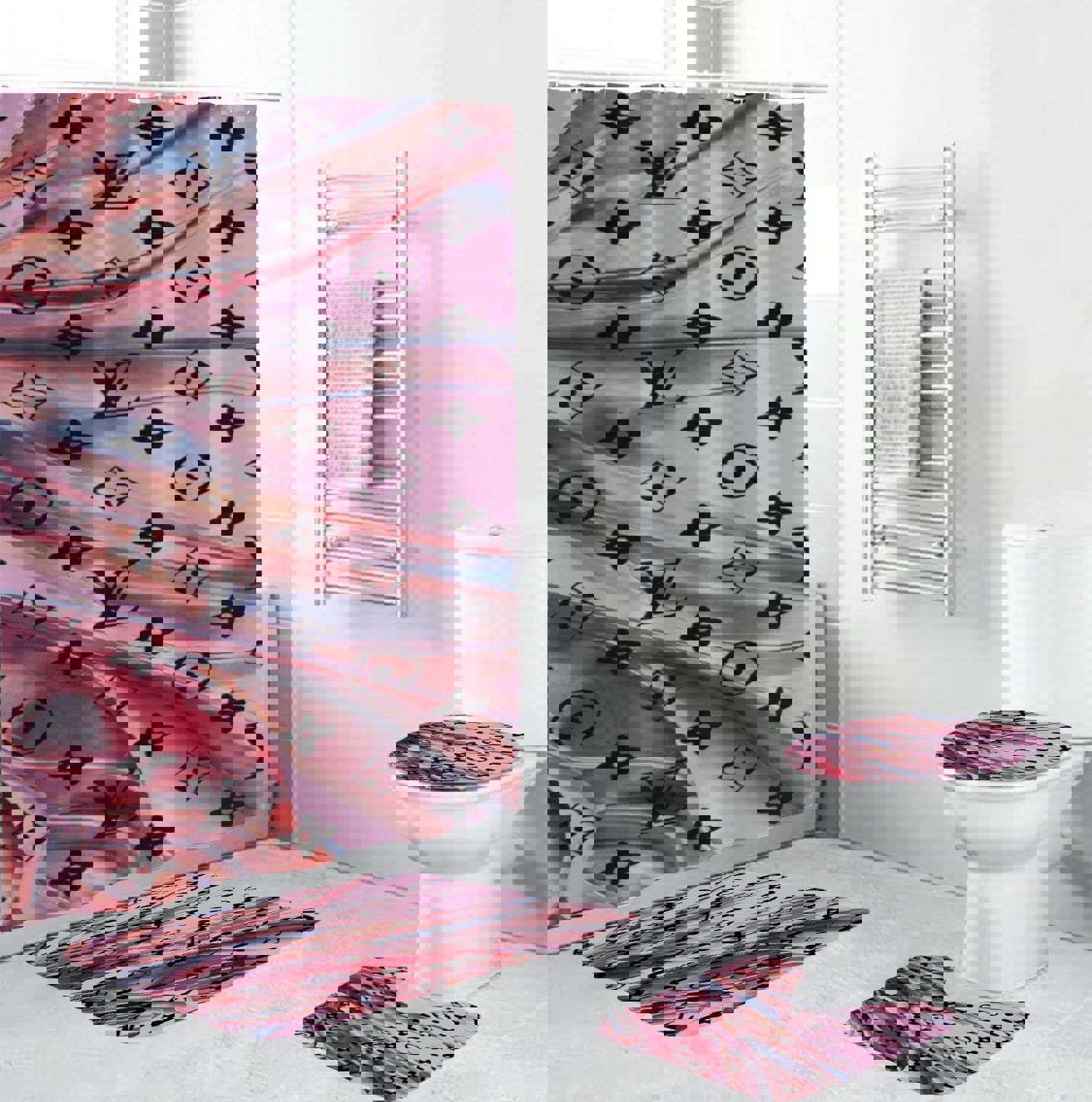 Louis vuitton lv monogram logo type 1874 Bathroom Accessory Sets Pedestal Rug Waterproof Shower Curtain Hypebeast Bathroom Luxury Fashion Brand Bathroom Sets Home Decor Bath Mat Set Toilet Cover