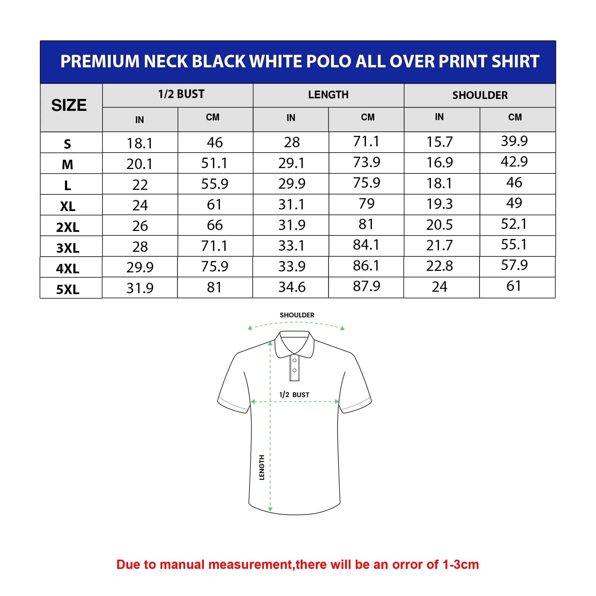 VN Premium Neck Black White Polo All Over Print Shirt
