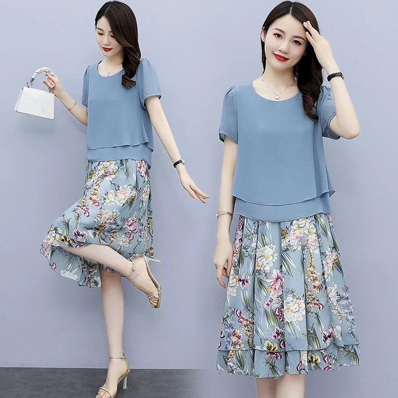 Short Sleeve Tops and Floral Shirt Set