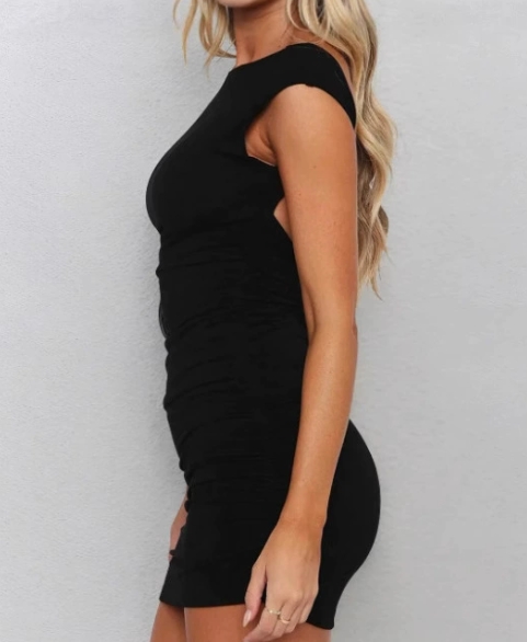  Women Cap Sleeve Boat Neck Fitted Mini Dress 