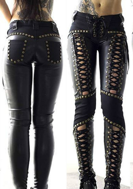 Gothic Black Lace Up Skinny Trousers