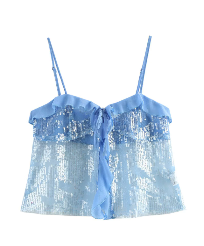 Light Blue Sequin Embellished Ruffle Trim Spaghetti Strap Crop Tank Top