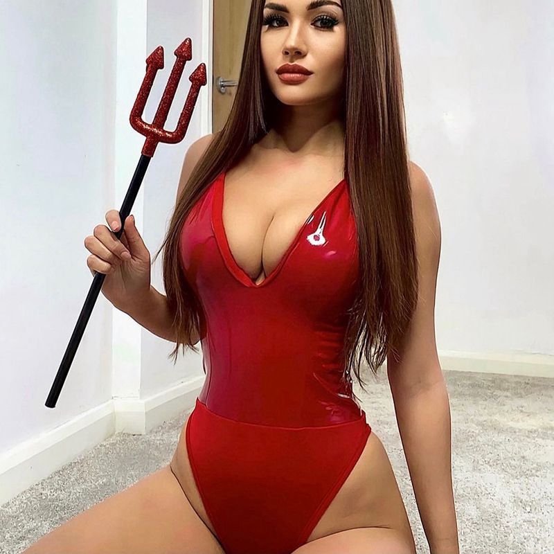 Deep V Back Zipper Pu Splicing Jumpsuit