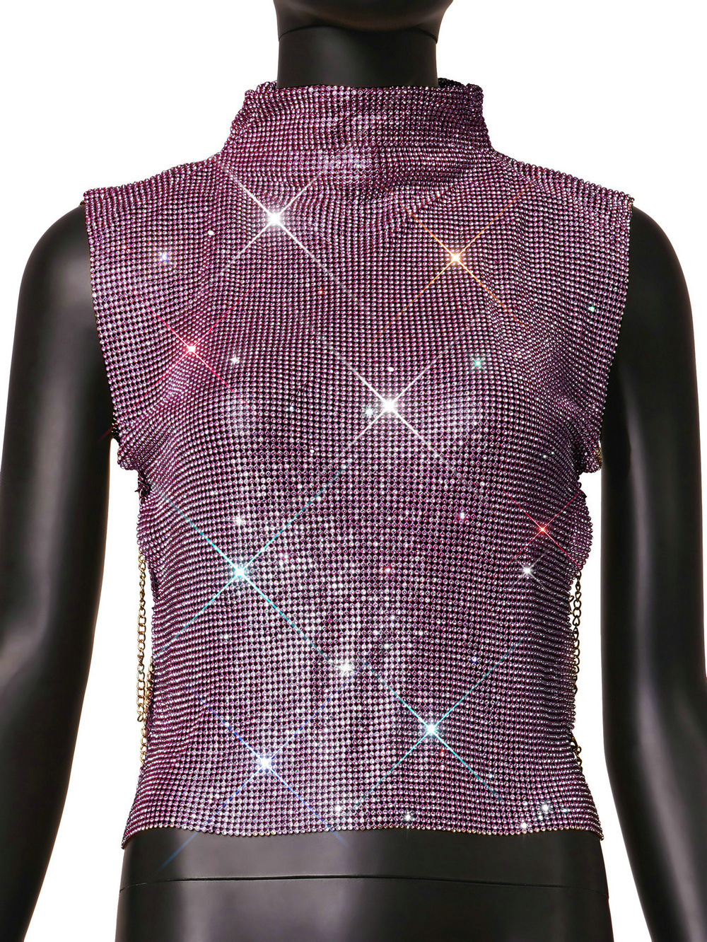 Women's Rhinestone Metal High Collar Sleeveless Party Vest